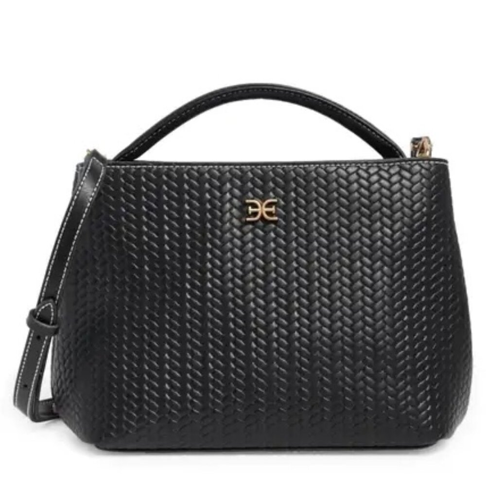 Dressy Black Woven Leather Satchel w/ Top Handle & Crossbody Strap - Sam Edelman